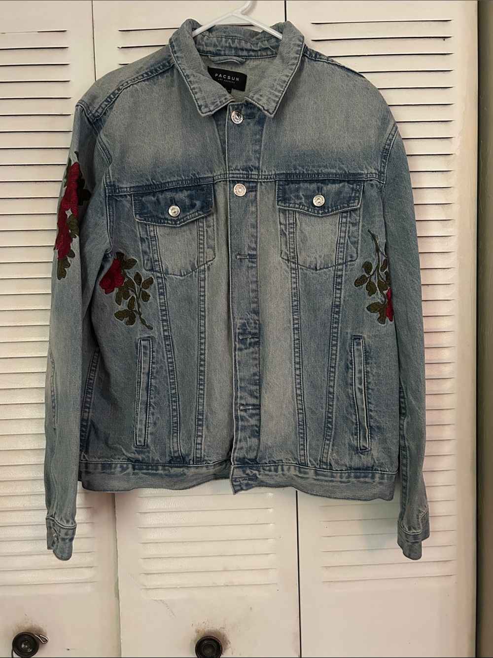 PacSun Light Blue Denim Jacket with Red Floral Embroidery